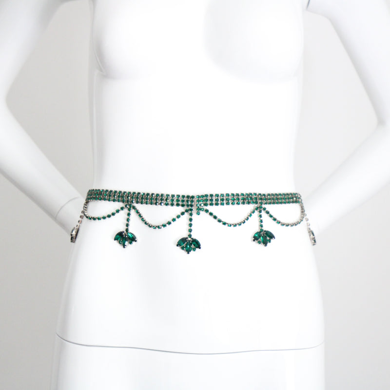 "Emerald Rhinestone Droplets" vintage 1960's Emerald Rhinestone Waist Belt UK 10 US 6