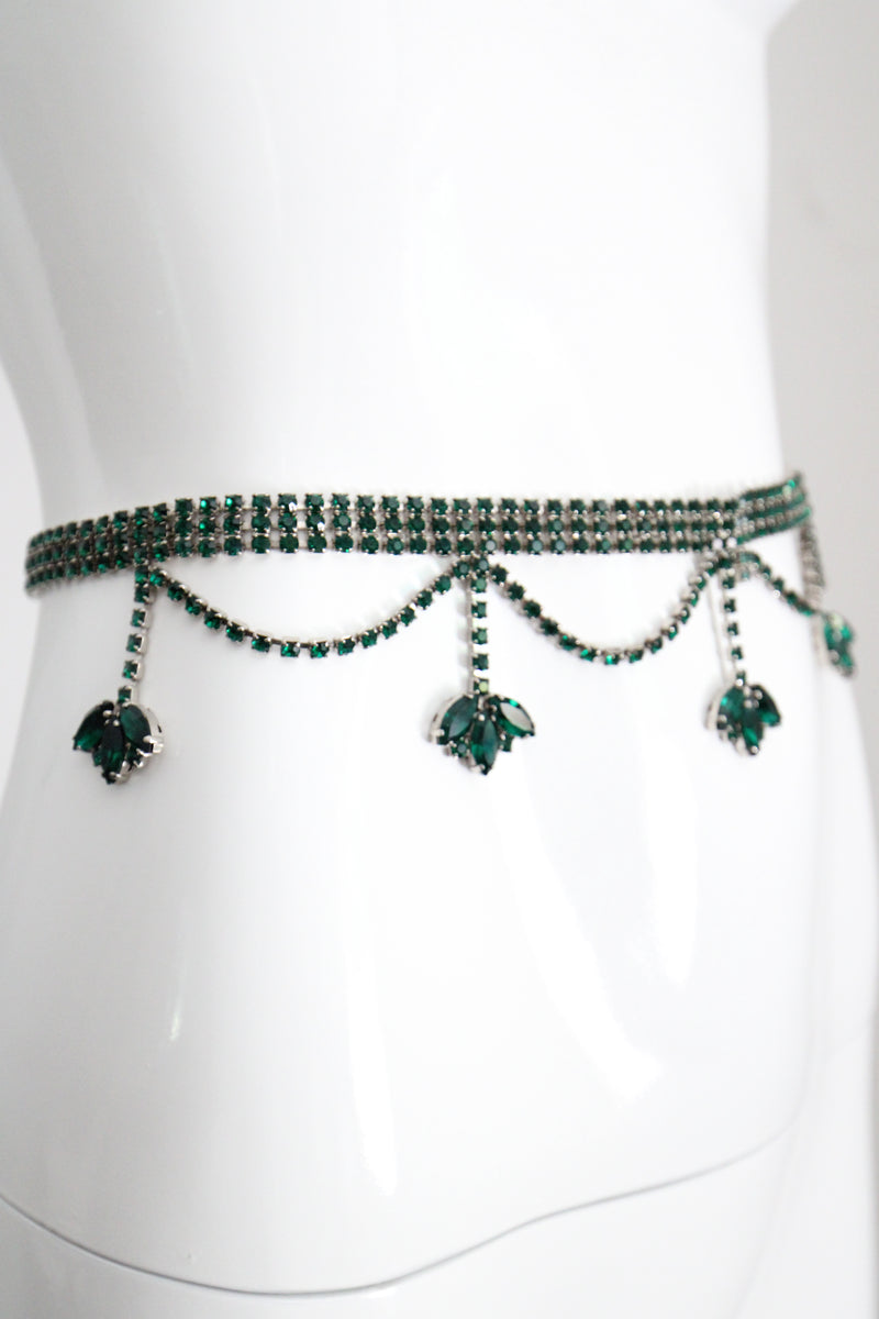"Emerald Rhinestone Droplets" vintage 1960's Emerald Rhinestone Waist Belt UK 10 US 6