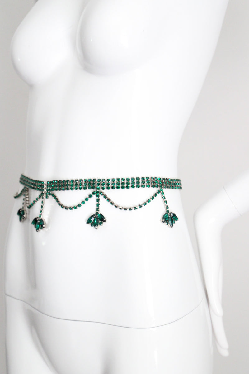 "Emerald Rhinestone Droplets" vintage 1960's Emerald Rhinestone Waist Belt UK 10 US 6