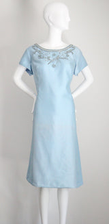 "Sky Blue Silk Beadwork" Vintage 1960's Sky Blue Silk Beaded Cocktail Dress UK 16 US 12