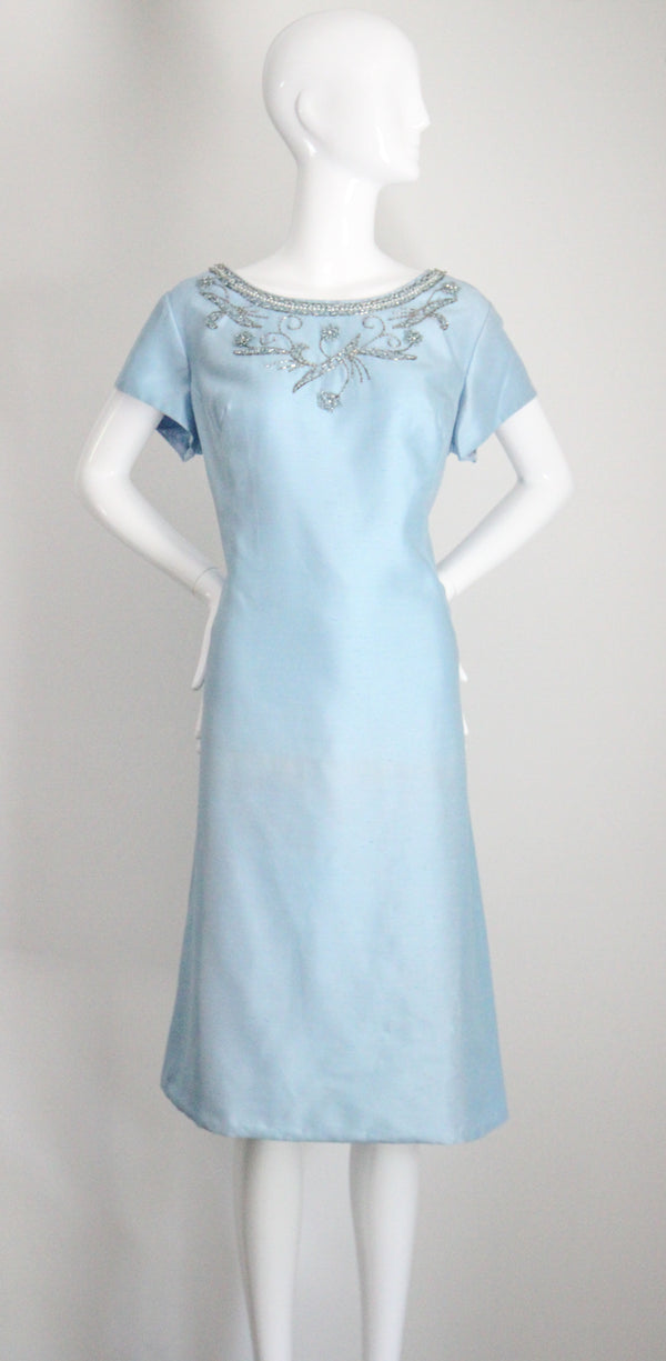 "Sky Blue Silk Beadwork" Vintage 1960's Sky Blue Silk Beaded Cocktail Dress UK 16 US 12