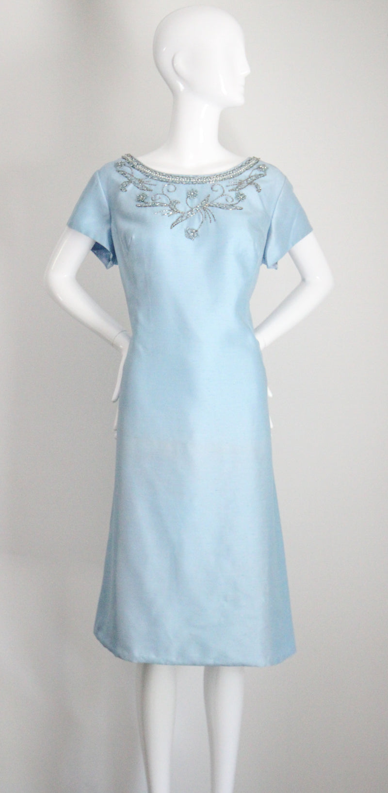 "Sky Blue Silk Beadwork" Vintage 1960's Sky Blue Silk Beaded Cocktail Dress UK 16 US 12