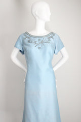 "Sky Blue Silk Beadwork" Vintage 1960's Sky Blue Silk Beaded Cocktail Dress UK 16 US 12