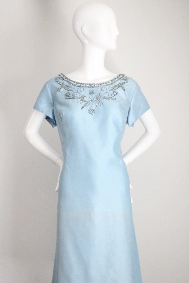 "Sky Blue Silk Beadwork" Vintage 1960's Sky Blue Silk Beaded Cocktail Dress UK 16 US 12