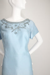 "Sky Blue Silk Beadwork" Vintage 1960's Sky Blue Silk Beaded Cocktail Dress UK 16 US 12