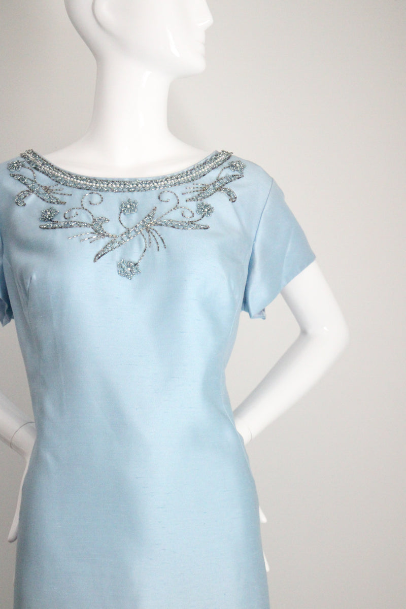 "Sky Blue Silk Beadwork" Vintage 1960's Sky Blue Silk Beaded Cocktail Dress UK 16 US 12