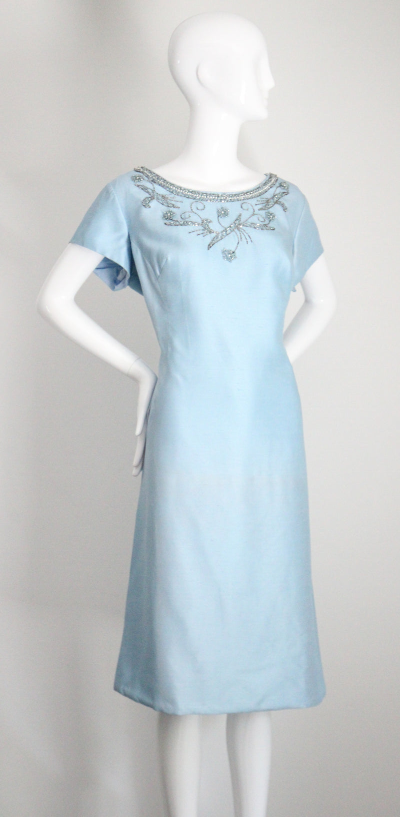 "Sky Blue Silk Beadwork" Vintage 1960's Sky Blue Silk Beaded Cocktail Dress UK 16 US 12