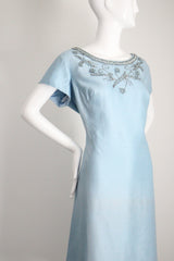 "Sky Blue Silk Beadwork" Vintage 1960's Sky Blue Silk Beaded Cocktail Dress UK 16 US 12