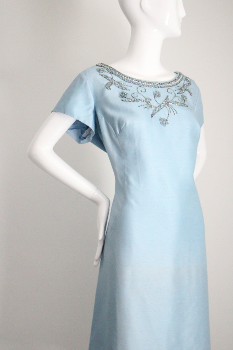 "Sky Blue Silk Beadwork" Vintage 1960's Sky Blue Silk Beaded Cocktail Dress UK 16 US 12