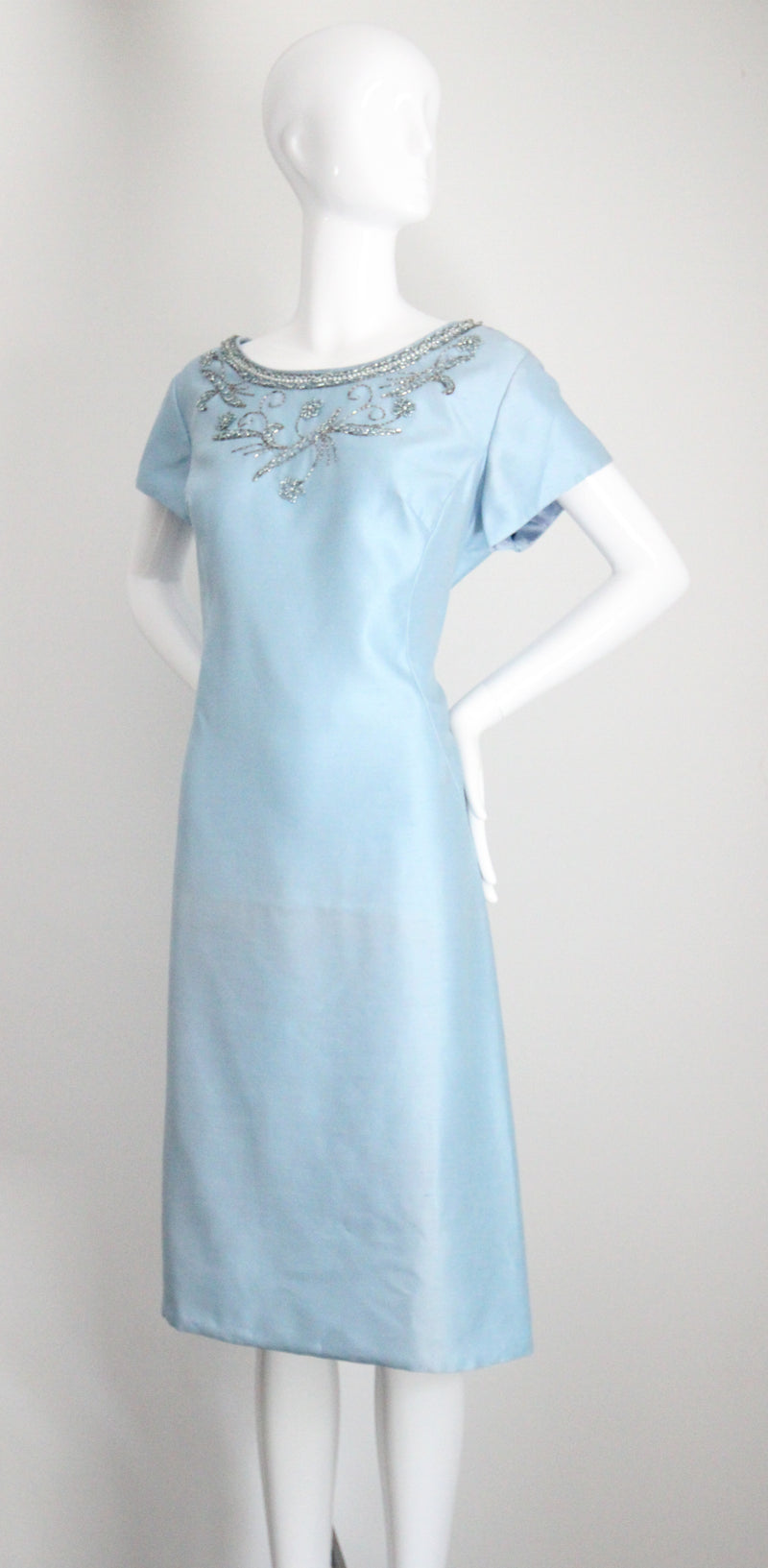 "Sky Blue Silk Beadwork" Vintage 1960's Sky Blue Silk Beaded Cocktail Dress UK 16 US 12