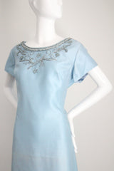 "Sky Blue Silk Beadwork" Vintage 1960's Sky Blue Silk Beaded Cocktail Dress UK 16 US 12