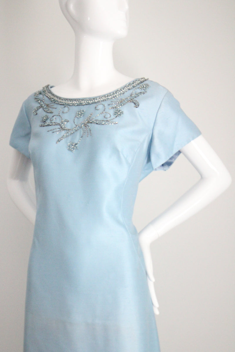 "Sky Blue Silk Beadwork" Vintage 1960's Sky Blue Silk Beaded Cocktail Dress UK 16 US 12