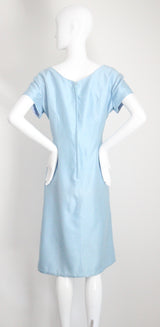 "Sky Blue Silk Beadwork" Vintage 1960's Sky Blue Silk Beaded Cocktail Dress UK 16 US 12