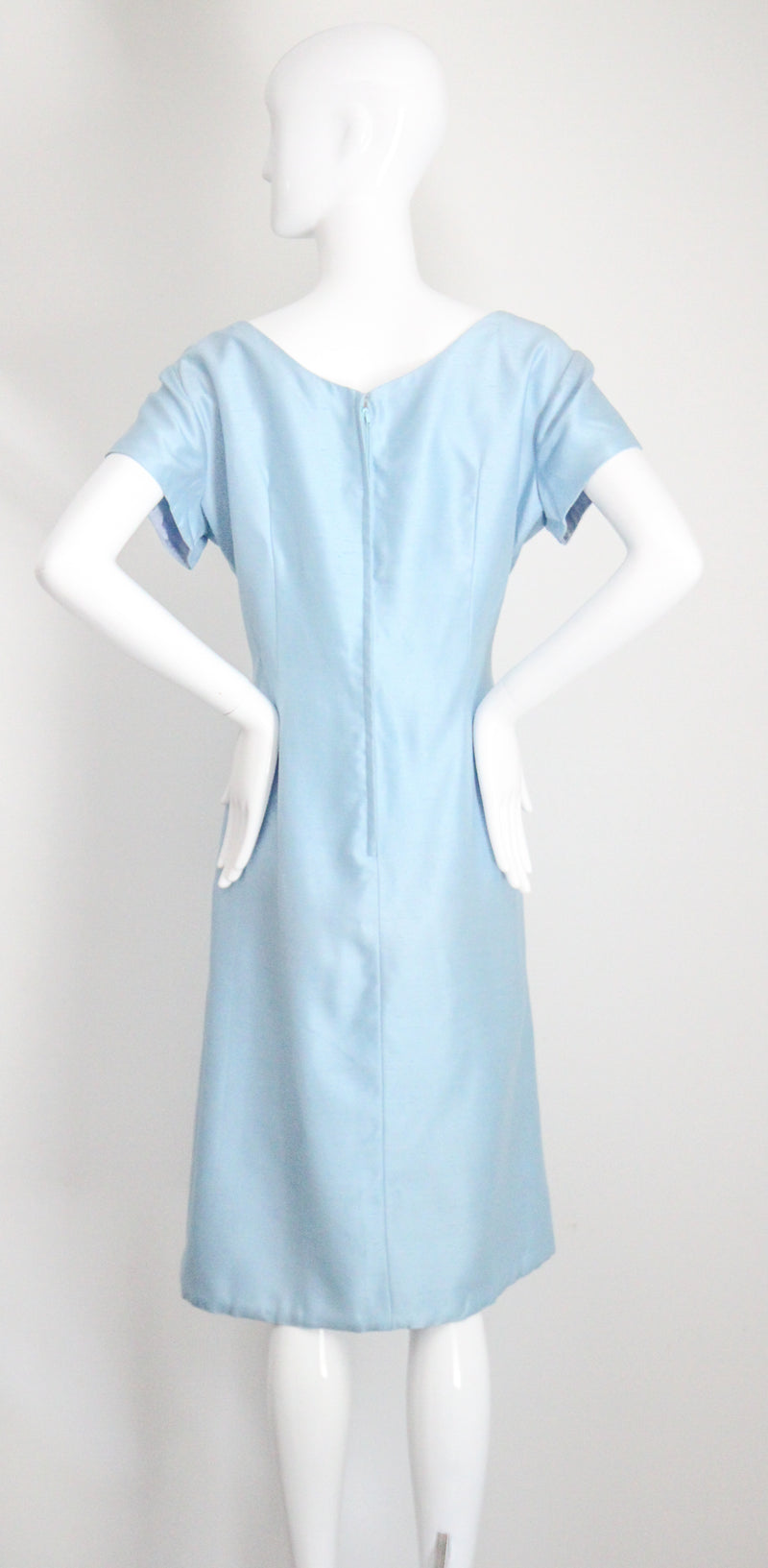 "Sky Blue Silk Beadwork" Vintage 1960's Sky Blue Silk Beaded Cocktail Dress UK 16 US 12