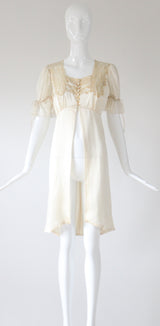 "Cream Silk & Champagne Lace"  Vintage 1930's Silk & Lace Robe UK 8 US 4