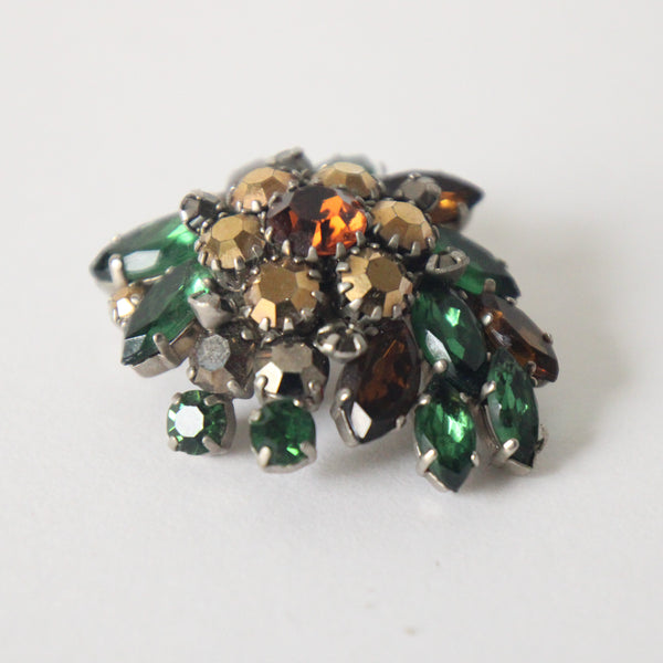 "Green & Bronze Rhinestones" Vintage 1950's Green & Bronze Rhinestone Brooch