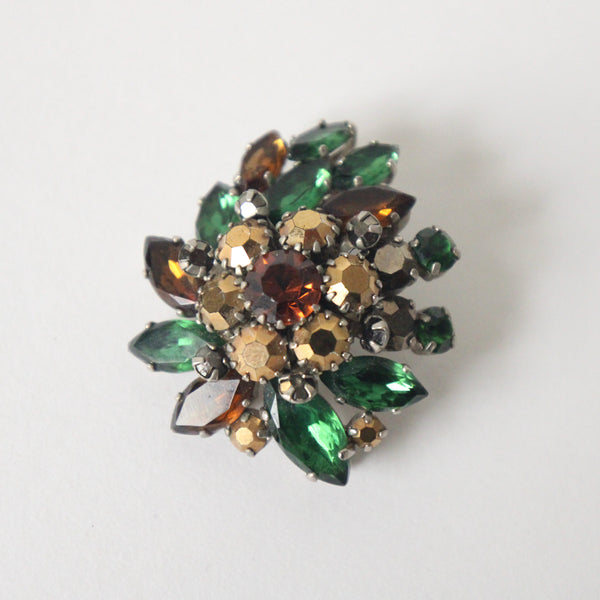 "Green & Bronze Rhinestones" Vintage 1950's Green & Bronze Rhinestone Brooch