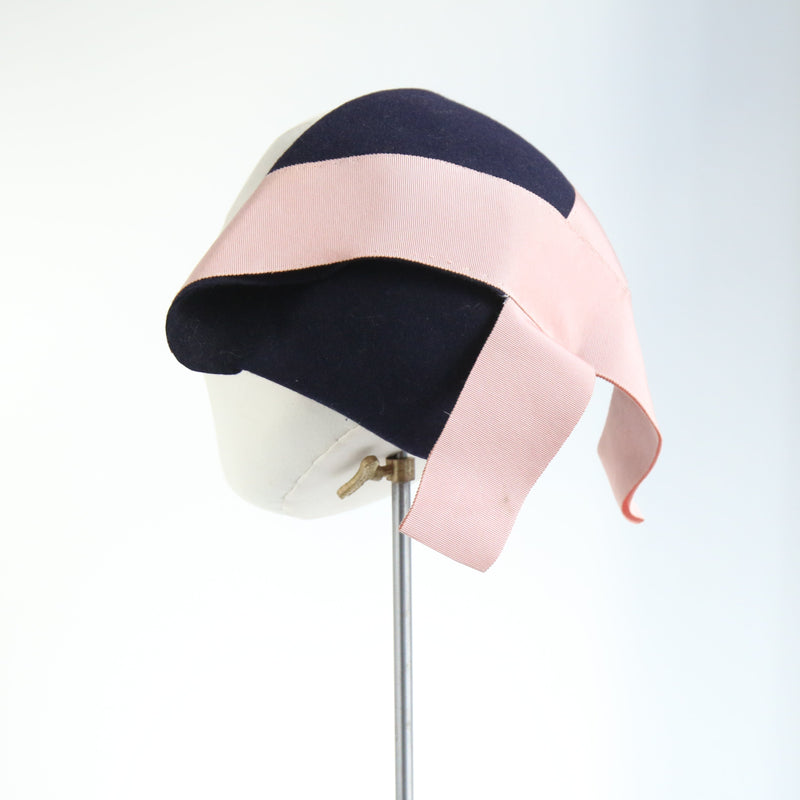 "Little Lady" Vintage 1940's Navy Felt & Pink Ribbon Percher Hat