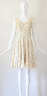 "Cream Floral Lace" Vintage Late 1940's Cream And Pale Blue Lace Dress UK 8 US 4