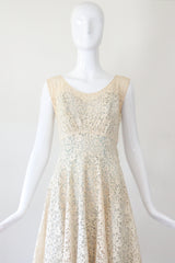 "Cream Floral Lace" Vintage Late 1940's Cream And Pale Blue Lace Dress UK 8 US 4