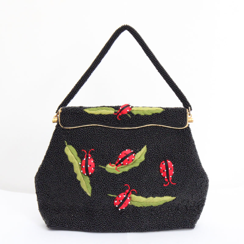"Coccinelle" Vintage Late 1950's Black Beaded & Embroidered Ladybug Handbag