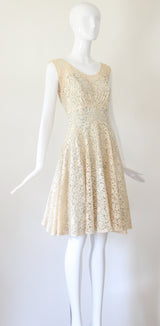 "Cream Floral Lace" Vintage Late 1940's Cream And Pale Blue Lace Dress UK 8 US 4