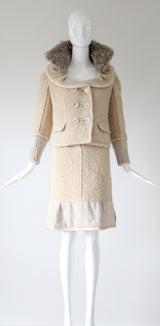 "Louis Vuitton" Cream Bouclé Wool & Mohair Collar Skirt Suit UK 12 US 8 EU 40
