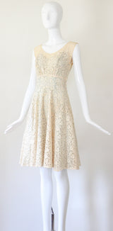 "Cream Floral Lace" Vintage Late 1940's Cream And Pale Blue Lace Dress UK 8 US 4