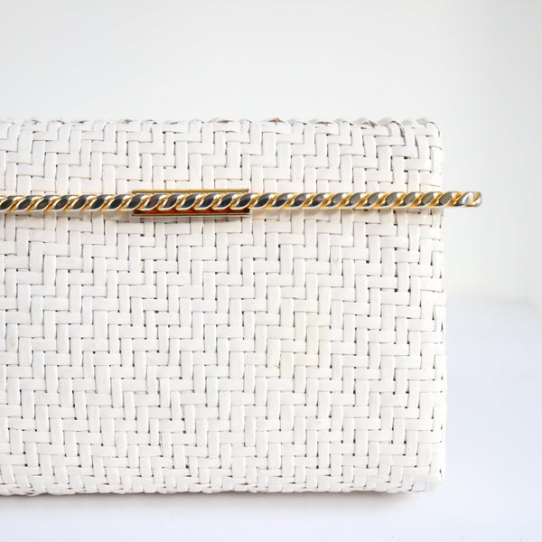 "White Straw Clutch" Vintage 1960's White Straw & Gold Clutch Bag