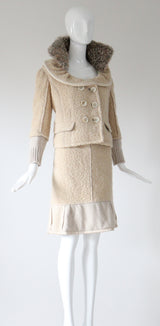 "Louis Vuitton" Cream Bouclé Wool & Mohair Collar Skirt Suit UK 12 US 8 EU 40