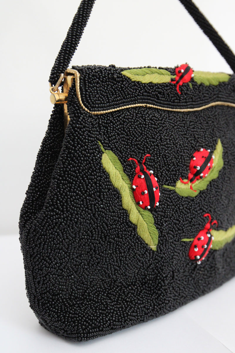 "Coccinelle" Vintage Late 1950's Black Beaded & Embroidered Ladybug Handbag