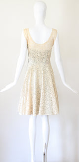 "Cream Floral Lace" Vintage Late 1940's Cream And Pale Blue Lace Dress UK 8 US 4