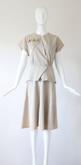 "Stone Pinstripes" Vintage 1940's Stone & Cream Pinstripe Dress UK 10 US 6