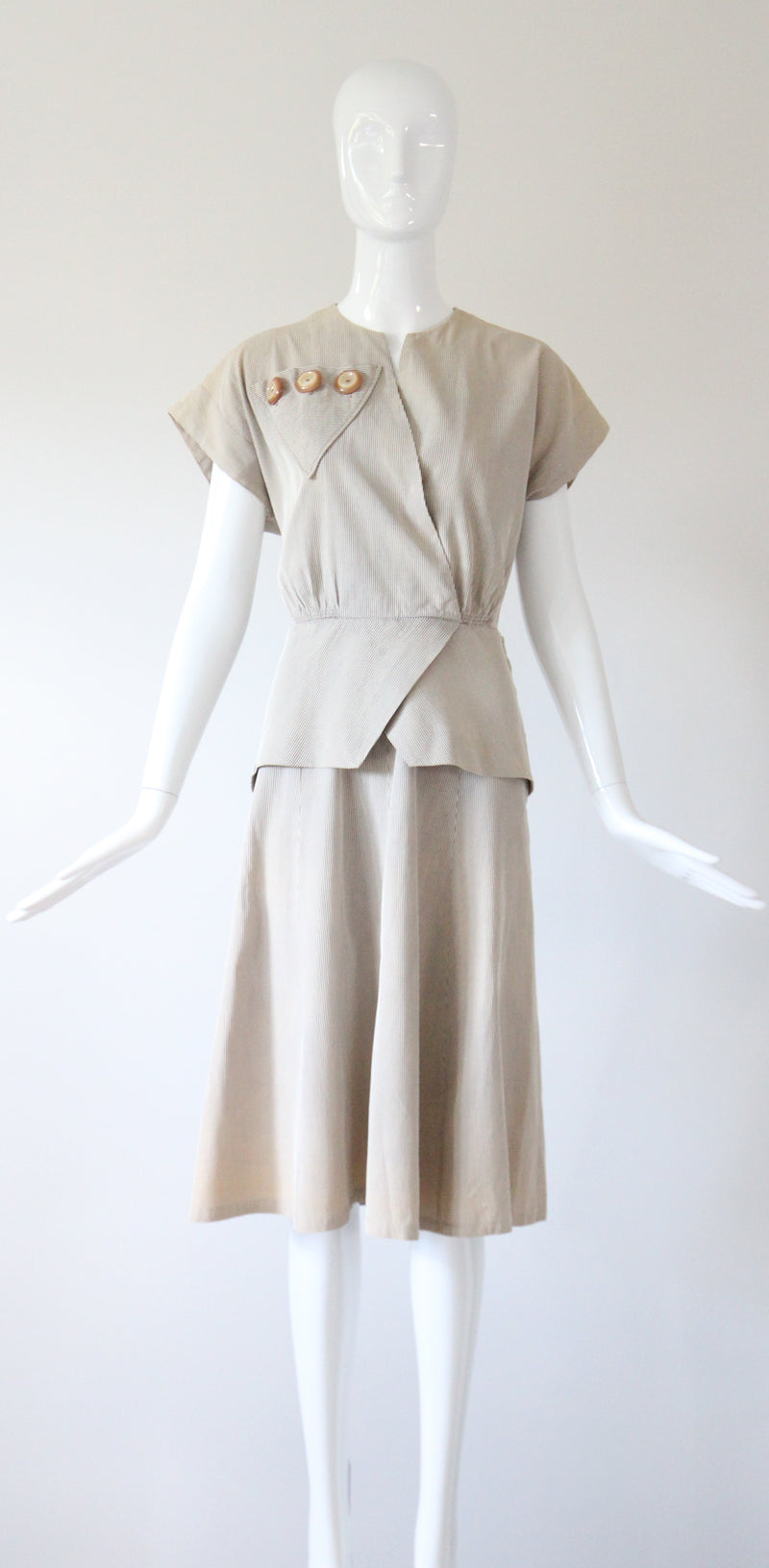 "Stone Pinstripes" Vintage 1940's Stone & Cream Pinstripe Dress UK 10 US 6