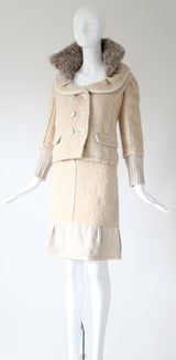 "Louis Vuitton" Cream Bouclé Wool & Mohair Collar Skirt Suit UK 12 US 8 EU 40