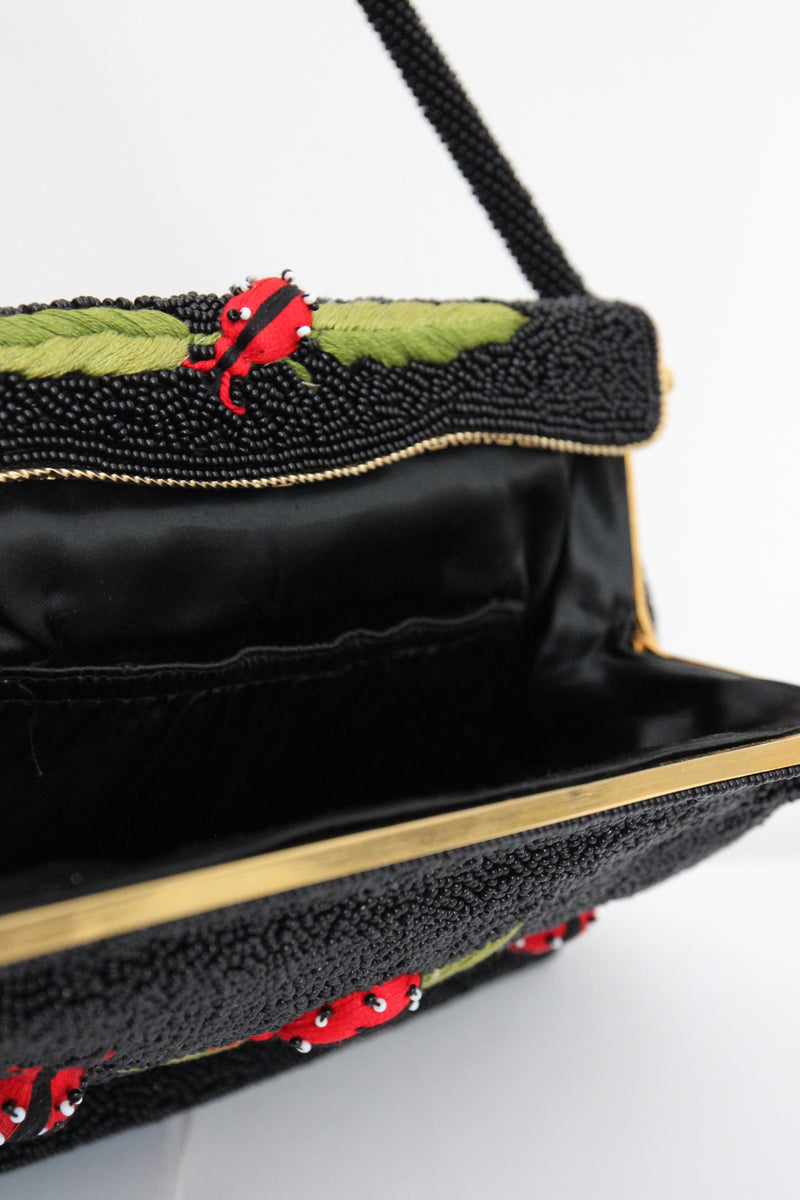 "Coccinelle" Vintage Late 1950's Black Beaded & Embroidered Ladybug Handbag