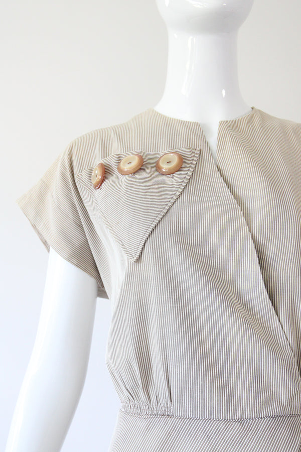 "Stone Pinstripes" Vintage 1940's Stone & Cream Pinstripe Dress UK 10 US 6