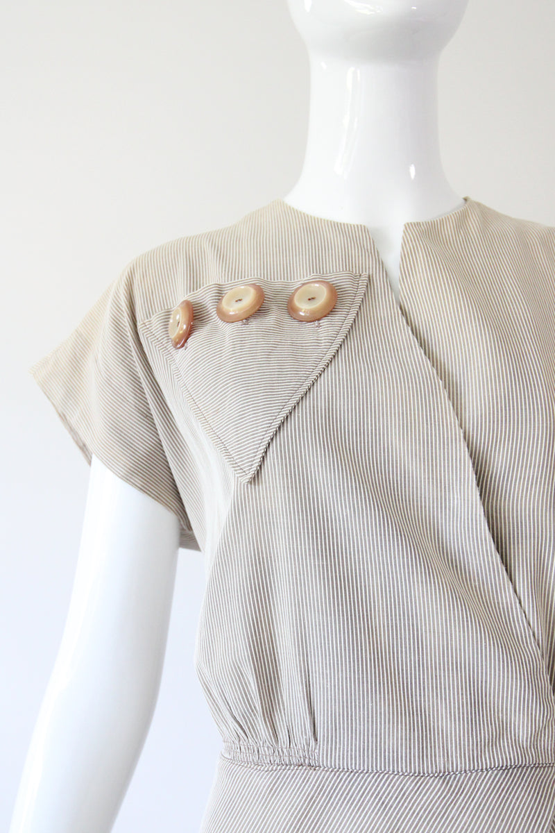 "Stone Pinstripes" Vintage 1940's Stone & Cream Pinstripe Dress UK 10 US 6
