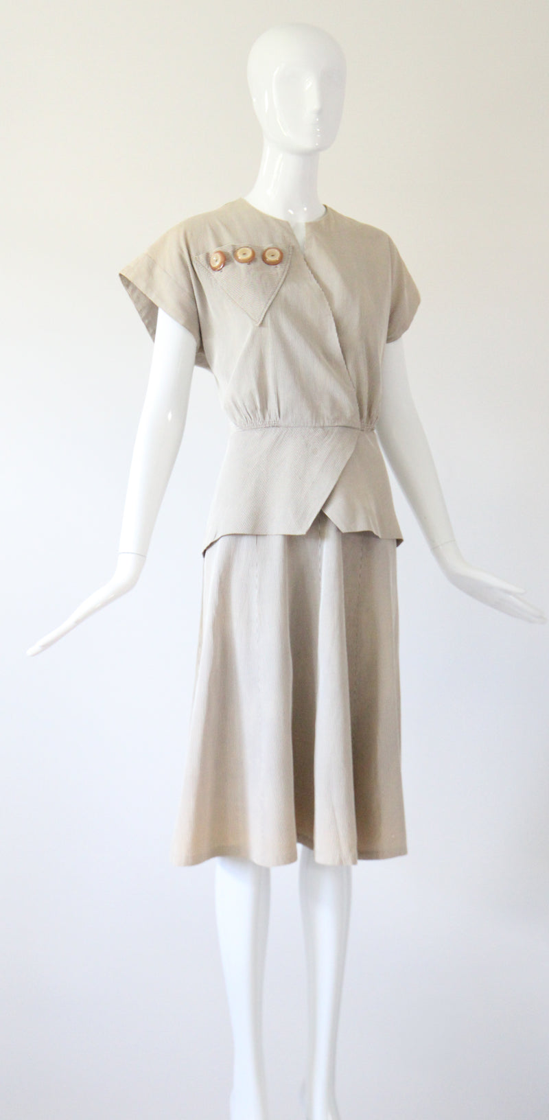 "Stone Pinstripes" Vintage 1940's Stone & Cream Pinstripe Dress UK 10 US 6
