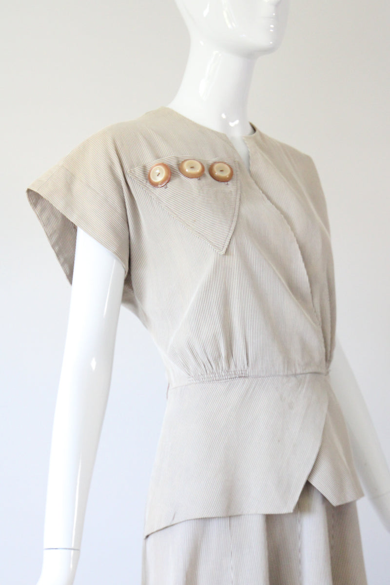 "Stone Pinstripes" Vintage 1940's Stone & Cream Pinstripe Dress UK 10 US 6