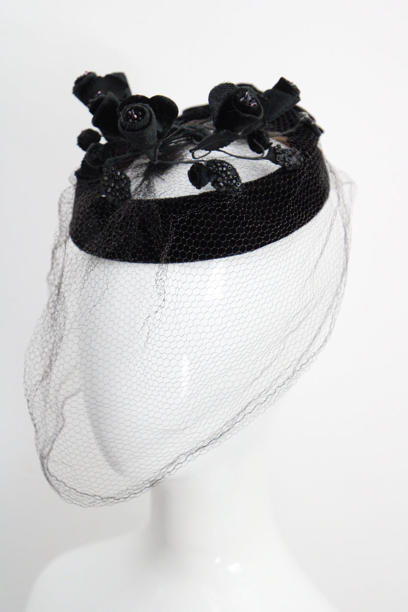 "Velvet Blossoms" Vintage 1950's Black Velvet Blossom & Veil Hat