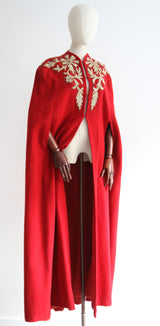 "Lamé Soutache & Rhinestones" Vintage Early 1940's Red Wool Embroidered Cape UK 10-16 US 6-12