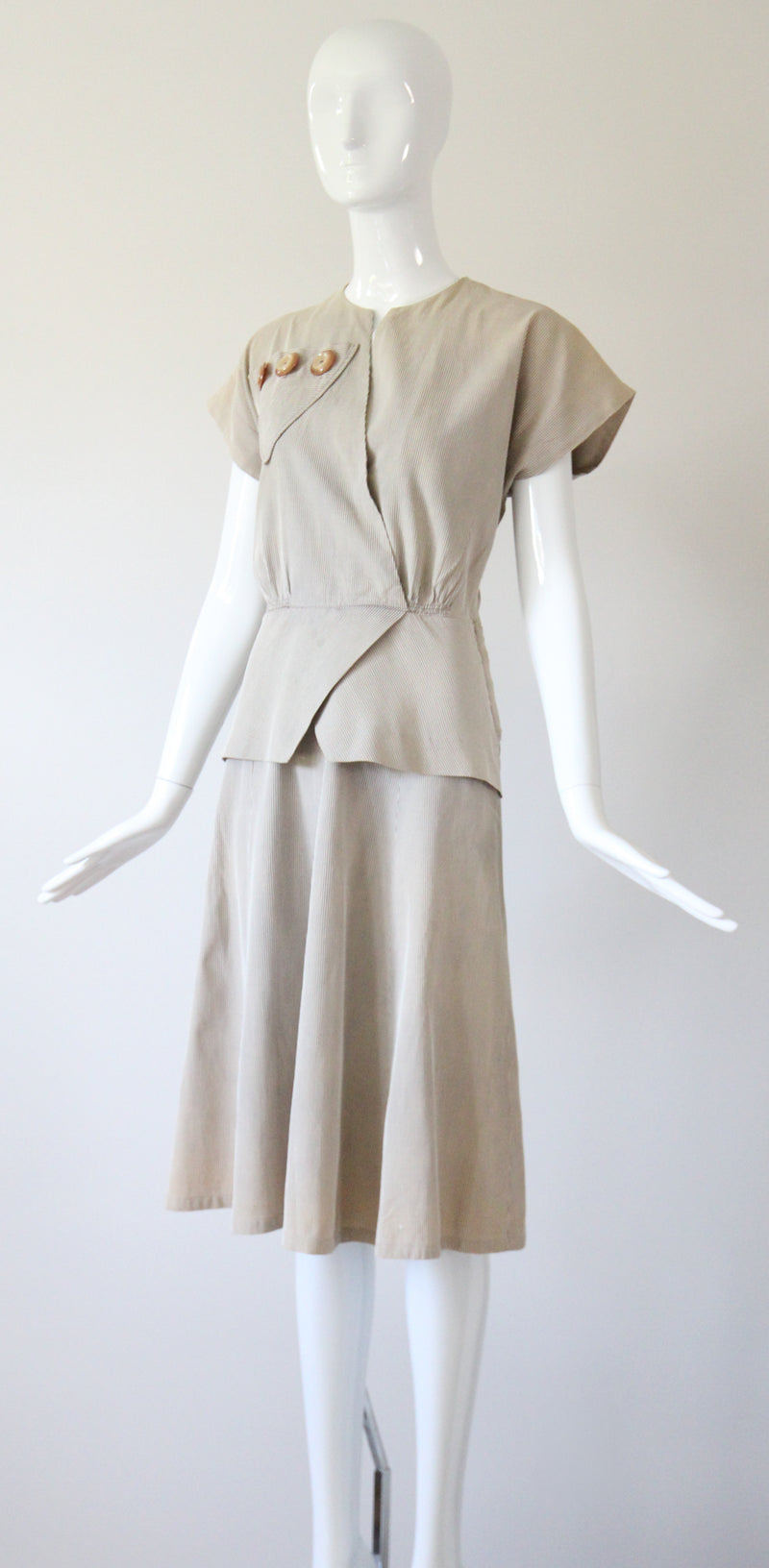 "Stone Pinstripes" Vintage 1940's Stone & Cream Pinstripe Dress UK 10 US 6