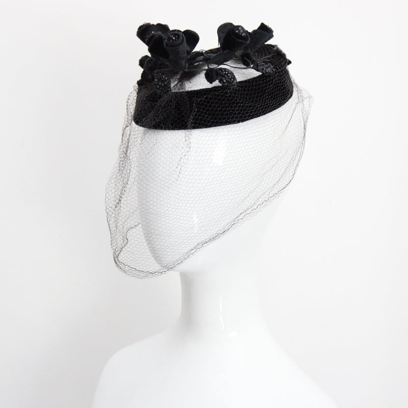 "Velvet Blossoms" Vintage 1950's Black Velvet Blossom & Veil Hat
