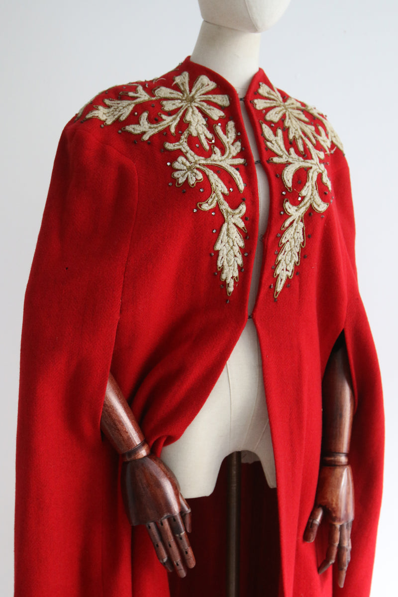 "Lamé Soutache & Rhinestones" Vintage Early 1940's Red Wool Embroidered Cape UK 10-16 US 6-12