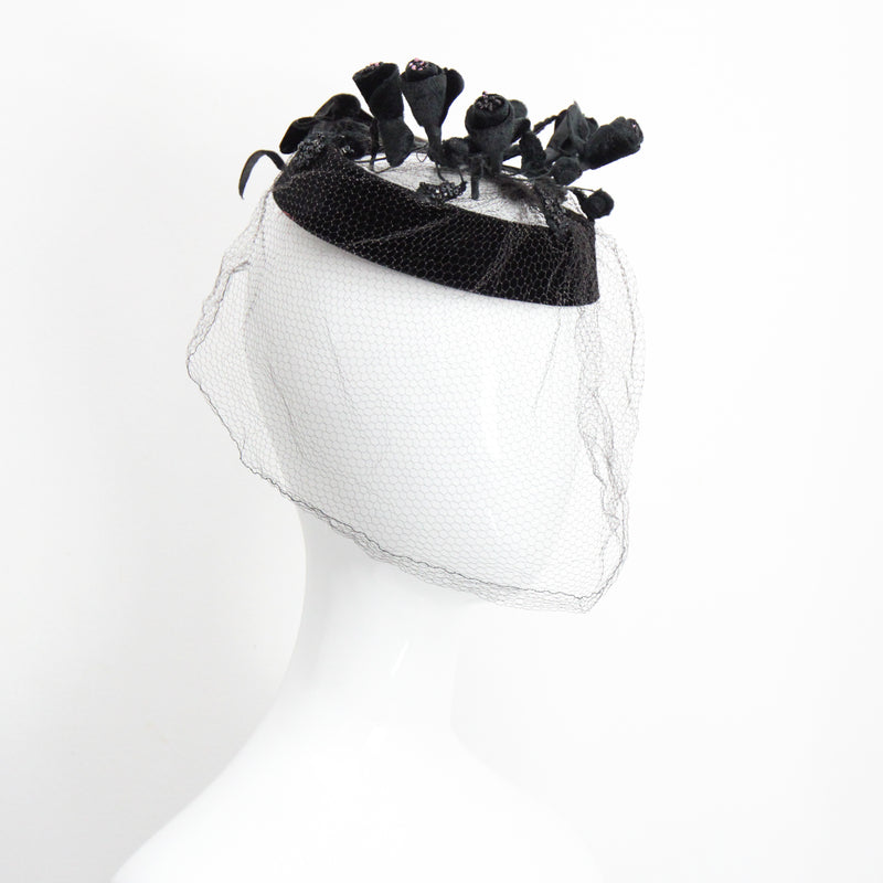 "Velvet Blossoms" Vintage 1950's Black Velvet Blossom & Veil Hat