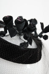 "Velvet Blossoms" Vintage 1950's Black Velvet Blossom & Veil Hat