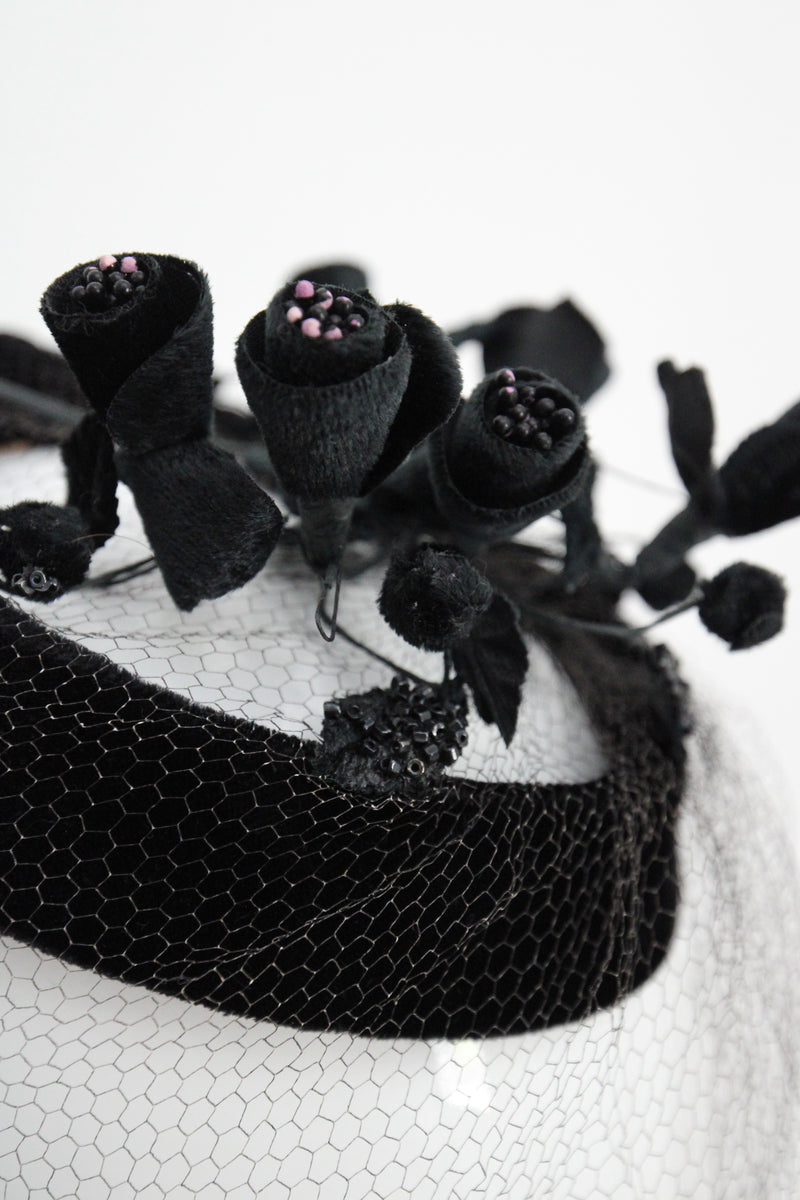 "Velvet Blossoms" Vintage 1950's Black Velvet Blossom & Veil Hat