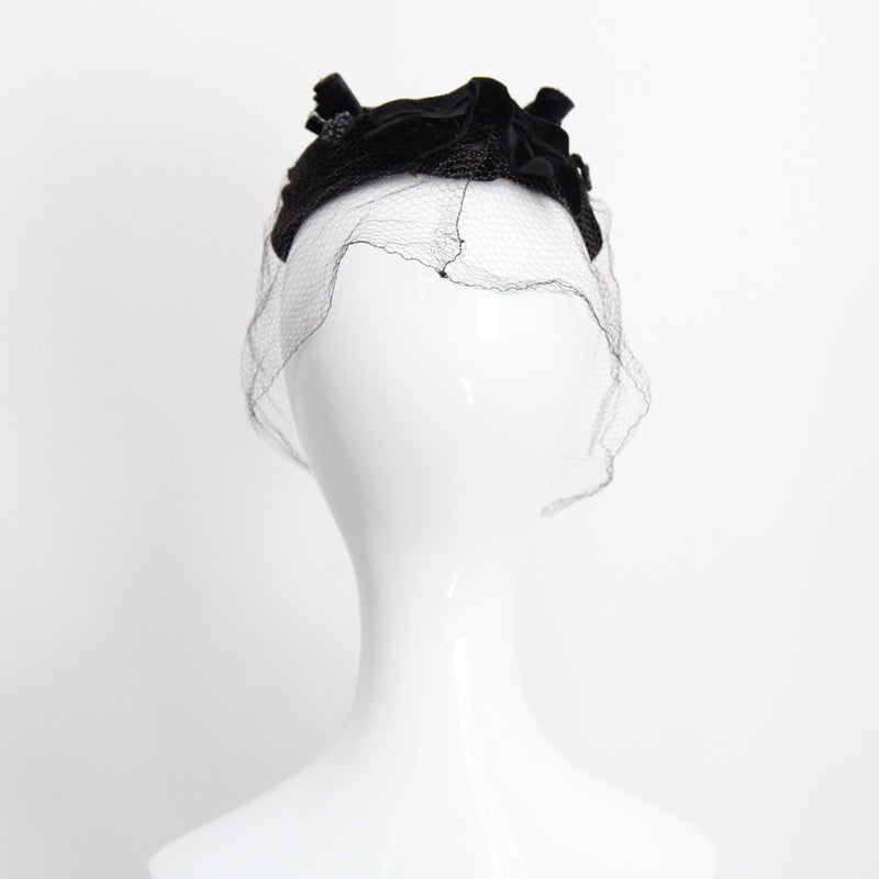 "Velvet Blossoms" Vintage 1950's Black Velvet Blossom & Veil Hat
