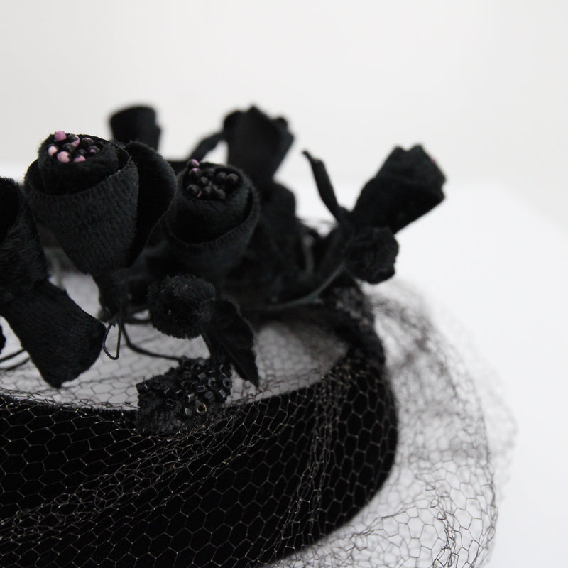 "Velvet Blossoms" Vintage 1950's Black Velvet Blossom & Veil Hat